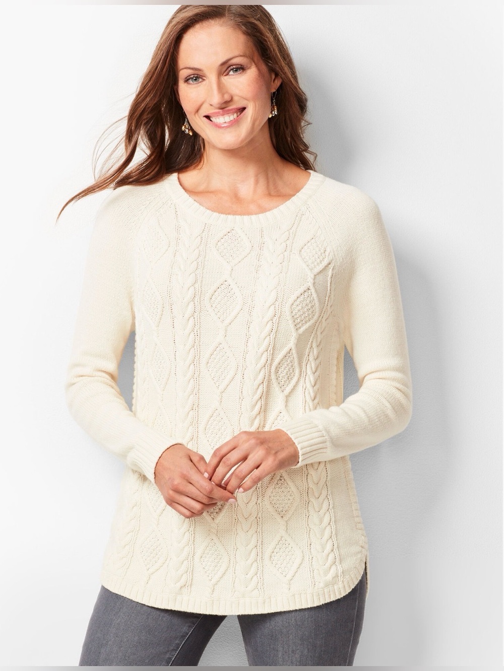 Talbots Cotton Crewneck Cable Sweater Ivory Size XL